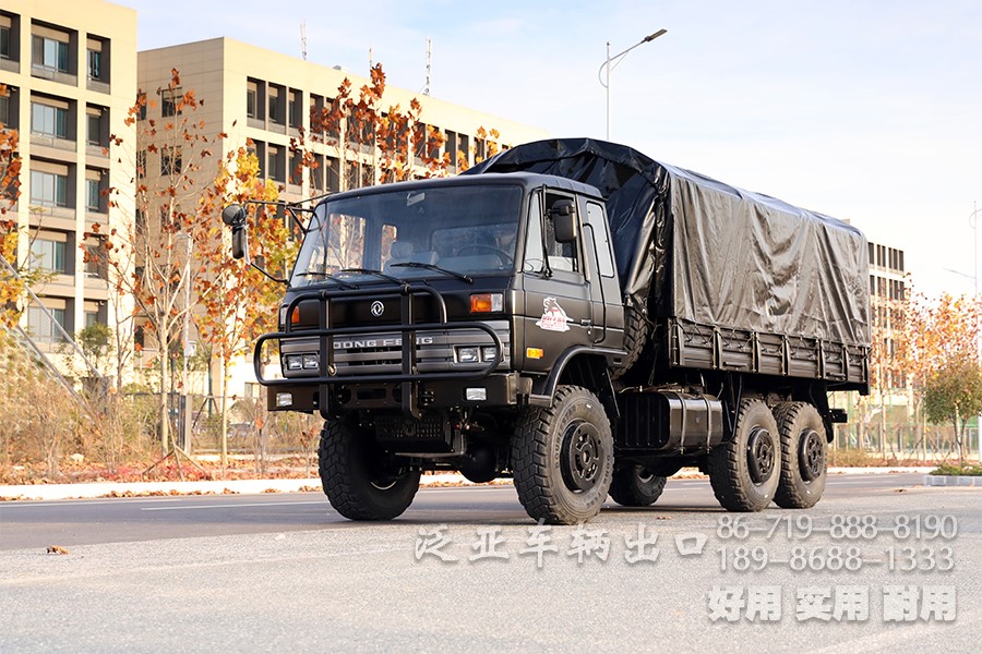 东风EQ2102六驱越野载货车、东风黑色带篷布6x6越野专用车、东风153驾驶室越野卡车